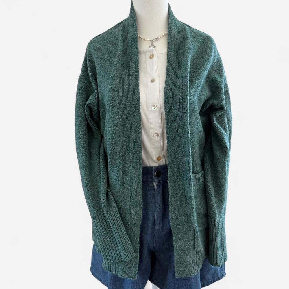 Forest Green Open Front Knit Cardigan Sweater Preppy Minimalist